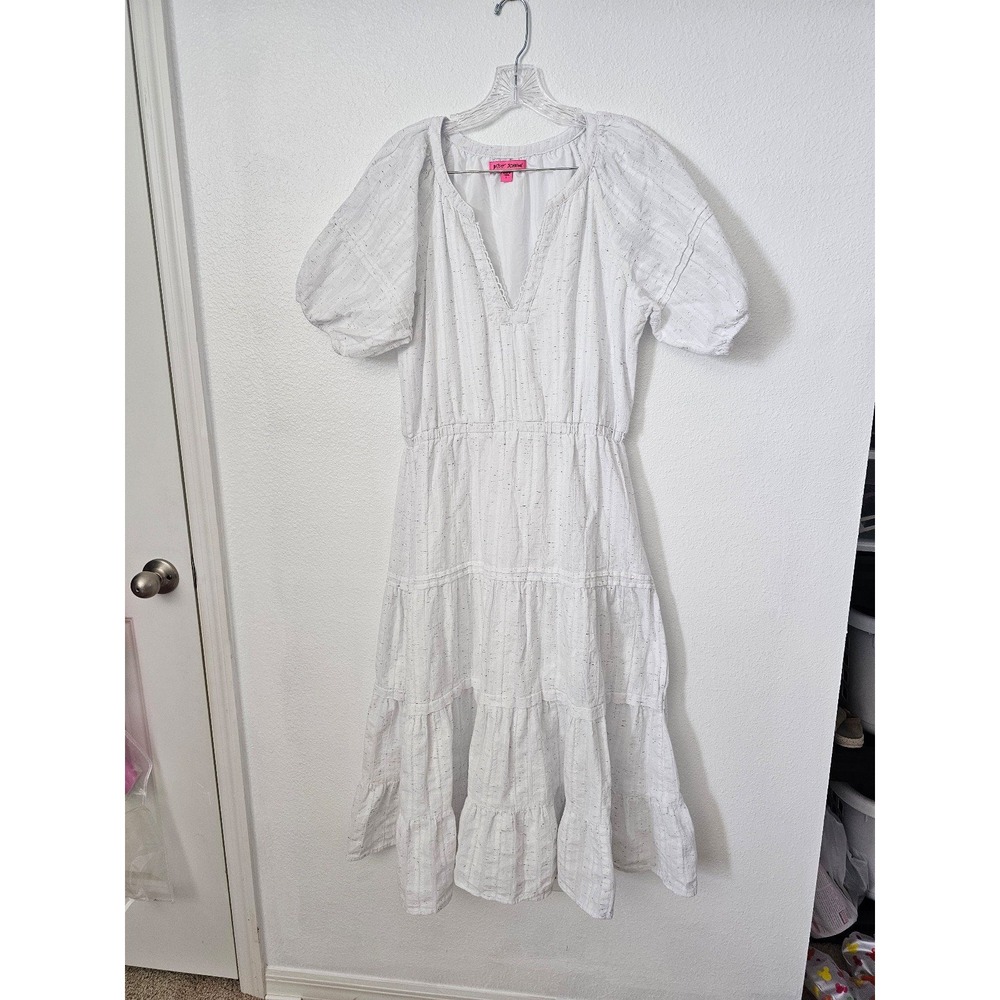 Betsey Johnson White‎ Tiered Midi V-Neck Dress Women's Size Large